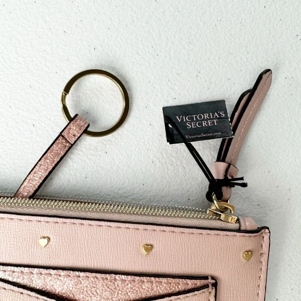 Victoria Secret Rose Gold Pink Zip Card Case Keychain w/ Studded Hearts - Picture 5 of 6